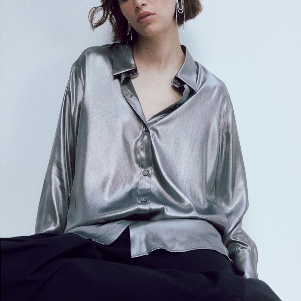 EDDIE BAUER pure silk grey silver jacket top blouse holiday party